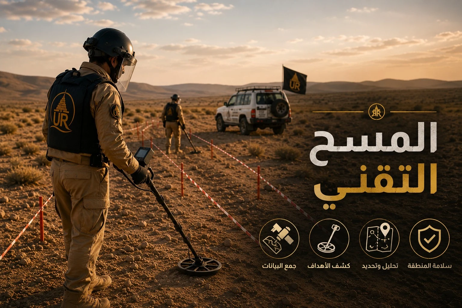 فريق شركة أور ينفذ المسح التقني باستخدام جهاز كشف الألغام